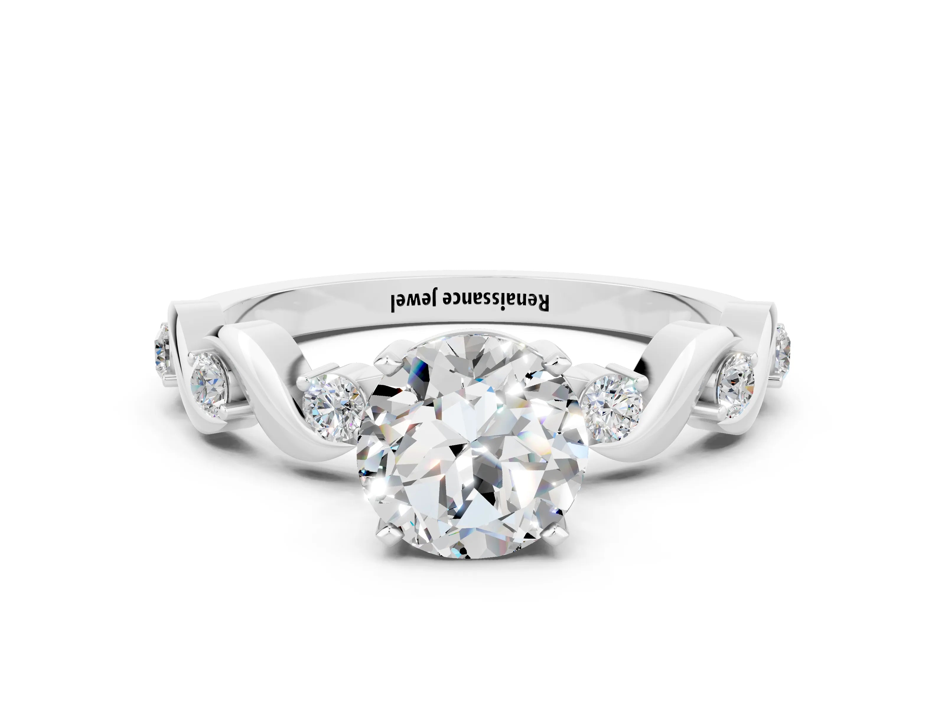 White gold Round Cut Moissanite Solitaire Twisted Band with Round  Accents and Prong Setting_12
