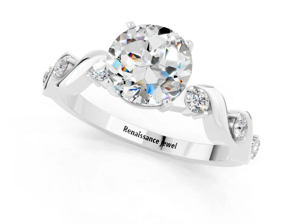 Platinum Round Cut Moissanite Solitaire Twisted Band with Round  Accents and Prong Setting