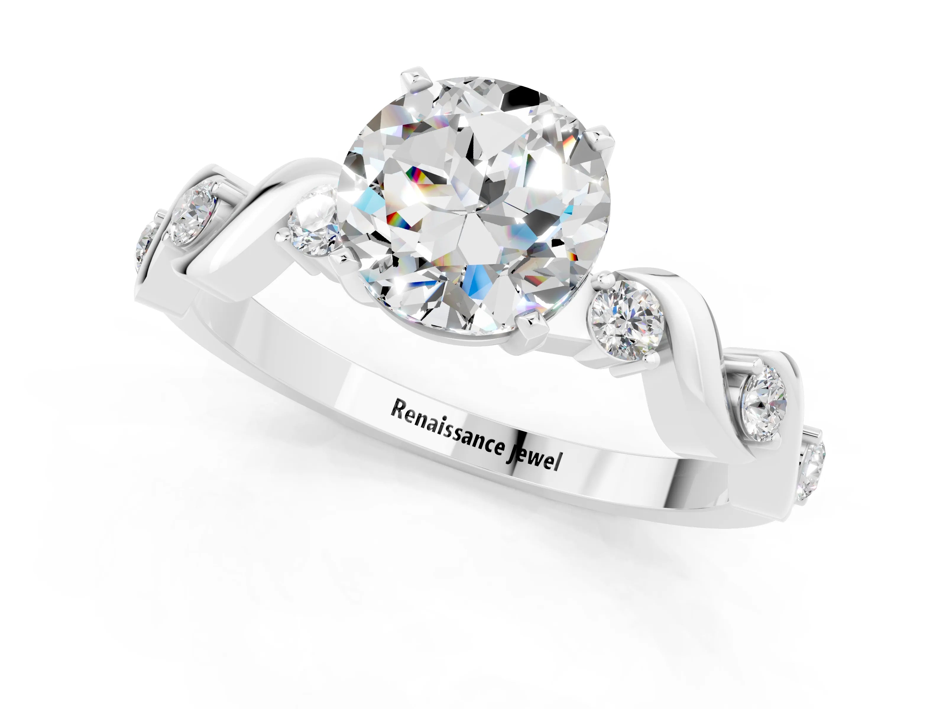 White gold Round Cut Moissanite Solitaire Twisted Band with Round  Accents and Prong Setting_13