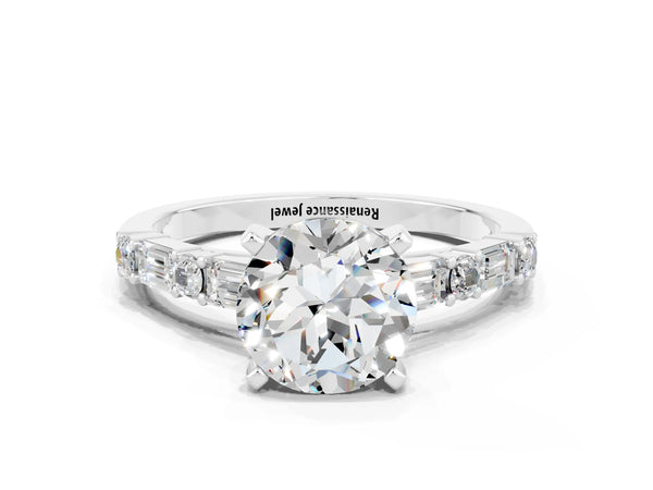 Platinum Round Cut Moissanite Solitaire with Side Baguettes and Channel Set Band