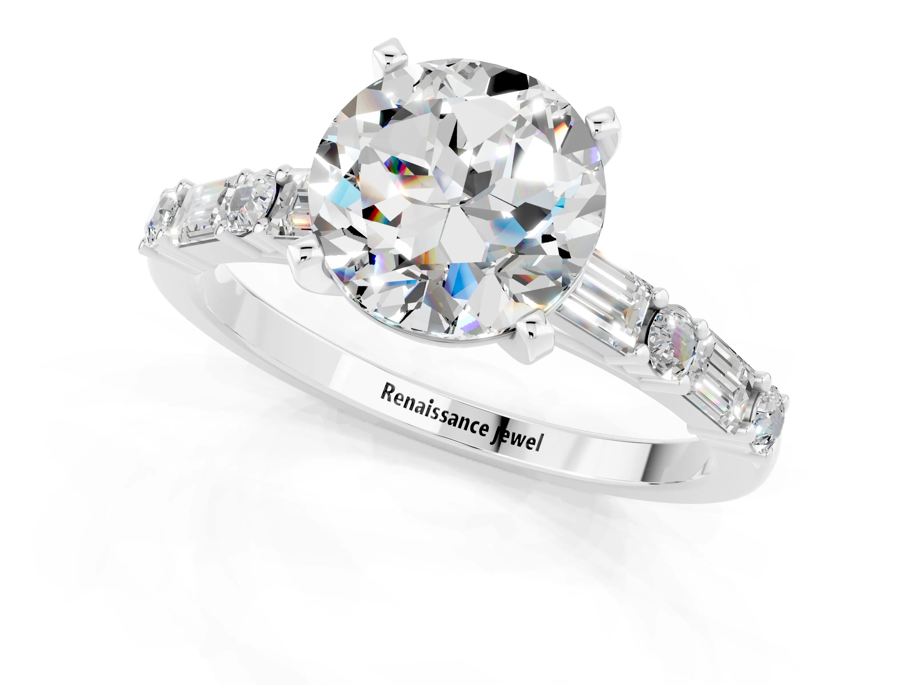 White gold Round Cut Moissanite Solitaire with Side Baguettes and Channel Set Band_1