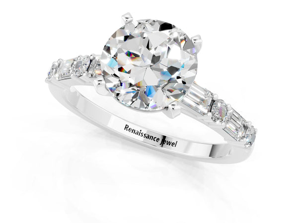 White gold Round Cut Moissanite Solitaire with Side Baguettes and Channel Set Band