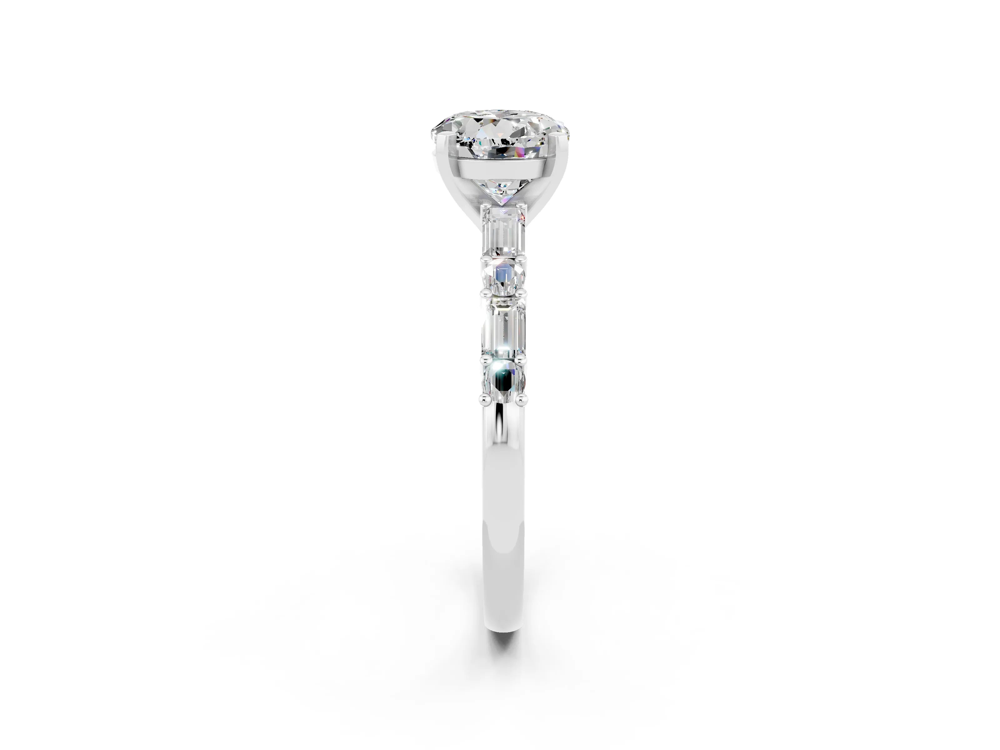 White gold Round Cut Moissanite Solitaire with Side Baguettes and Channel Set Band_2