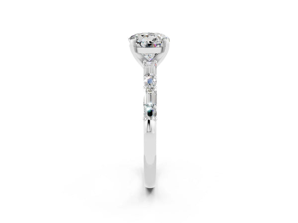 Platinum Round Cut Moissanite Solitaire with Side Baguettes and Channel Set Band