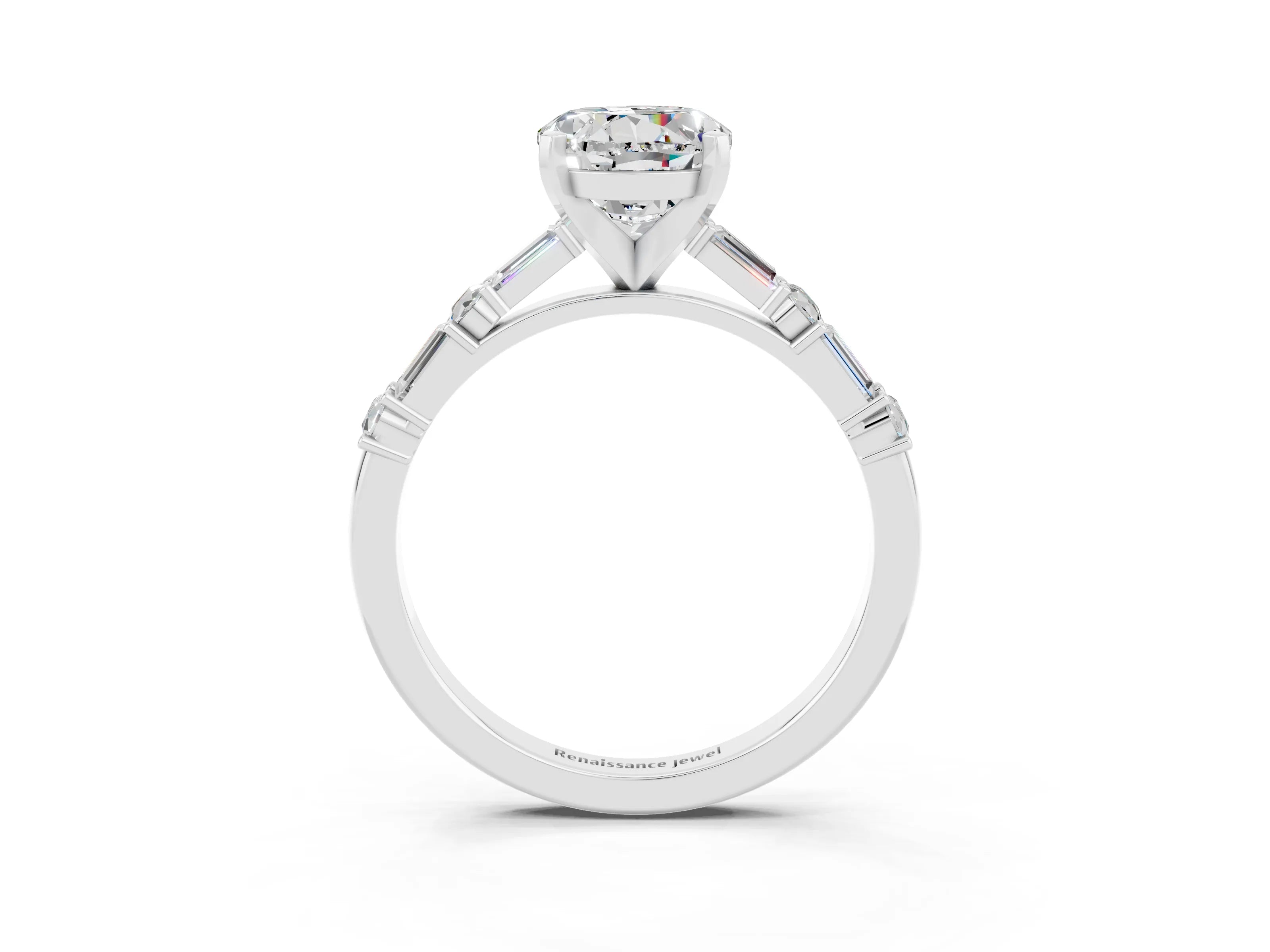 White gold Round Cut Moissanite Solitaire with Side Baguettes and Channel Set Band_3