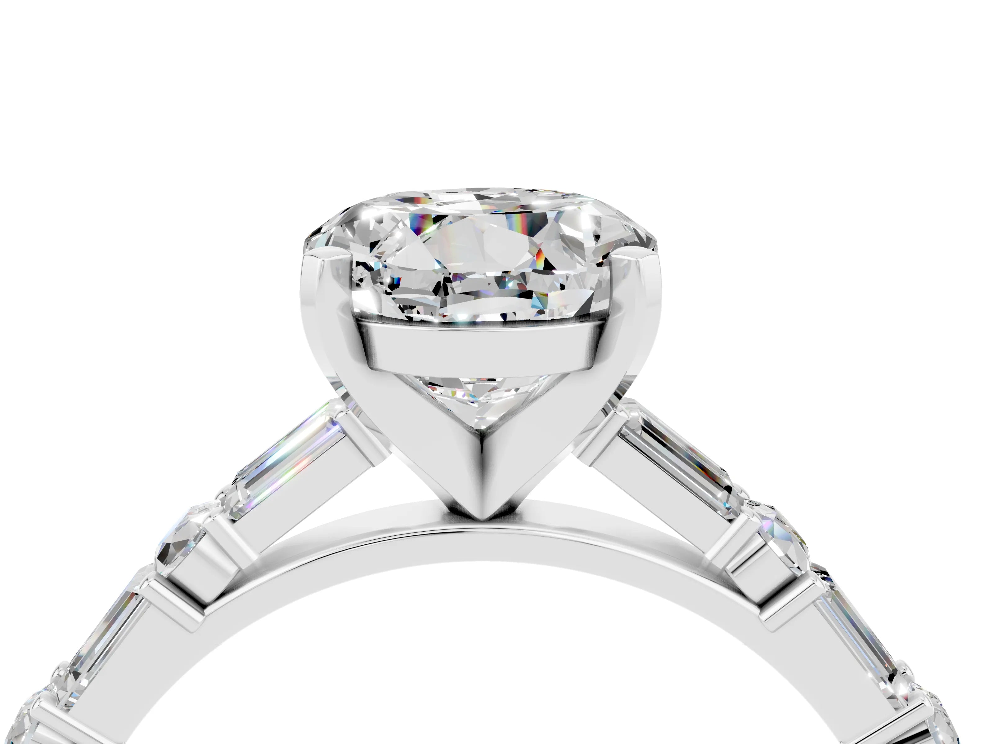 White gold Round Cut Moissanite Solitaire with Side Baguettes and Channel Set Band_4