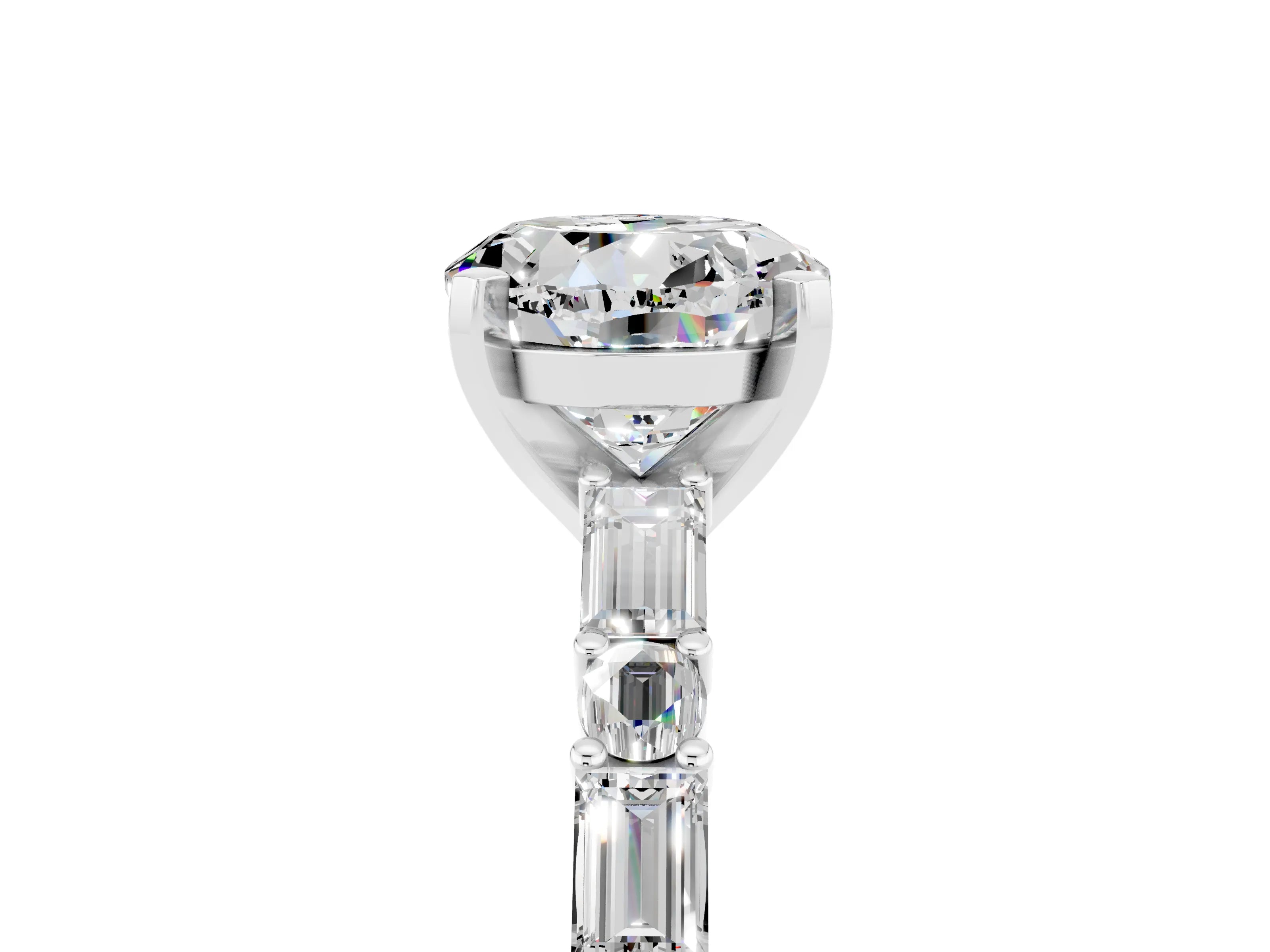 White gold Round Cut Moissanite Solitaire with Side Baguettes and Channel Set Band_5