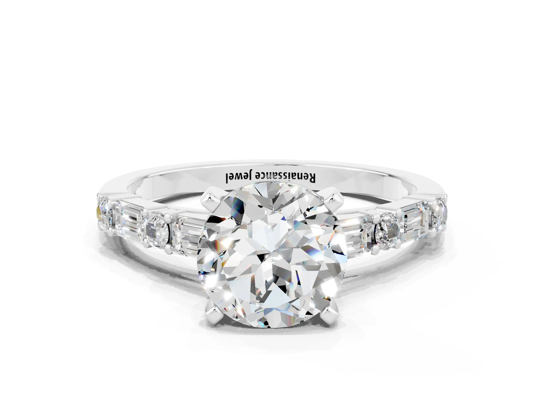 White gold Round Cut Moissanite Solitaire with Side Baguettes and Channel Set Band