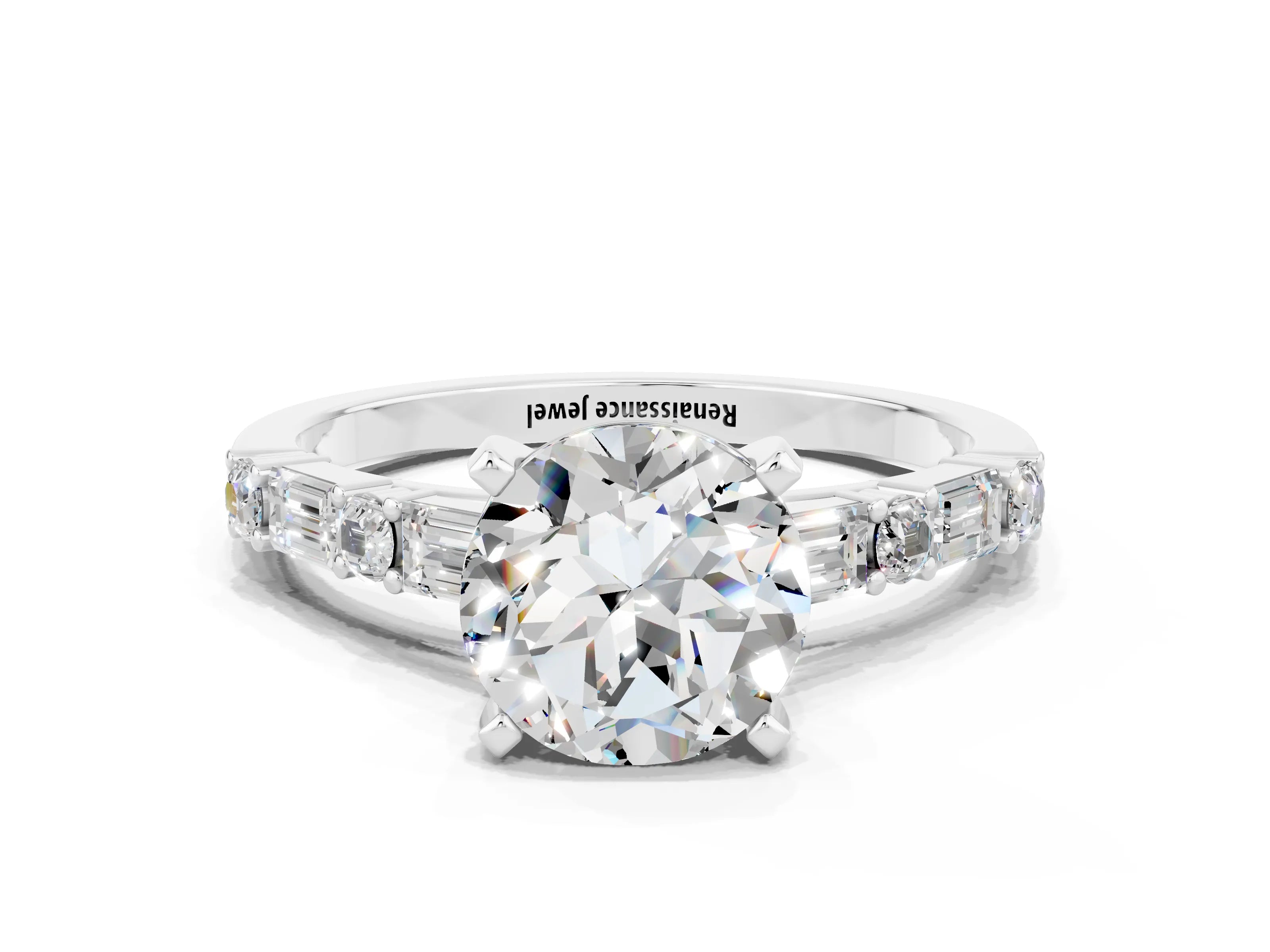 White gold Round Cut Moissanite Solitaire with Side Baguettes and Channel Set Band