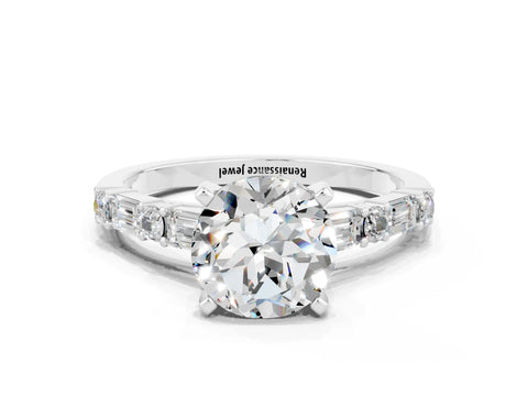 White gold Round Cut Moissanite Solitaire with Side Baguettes and Channel Set Band