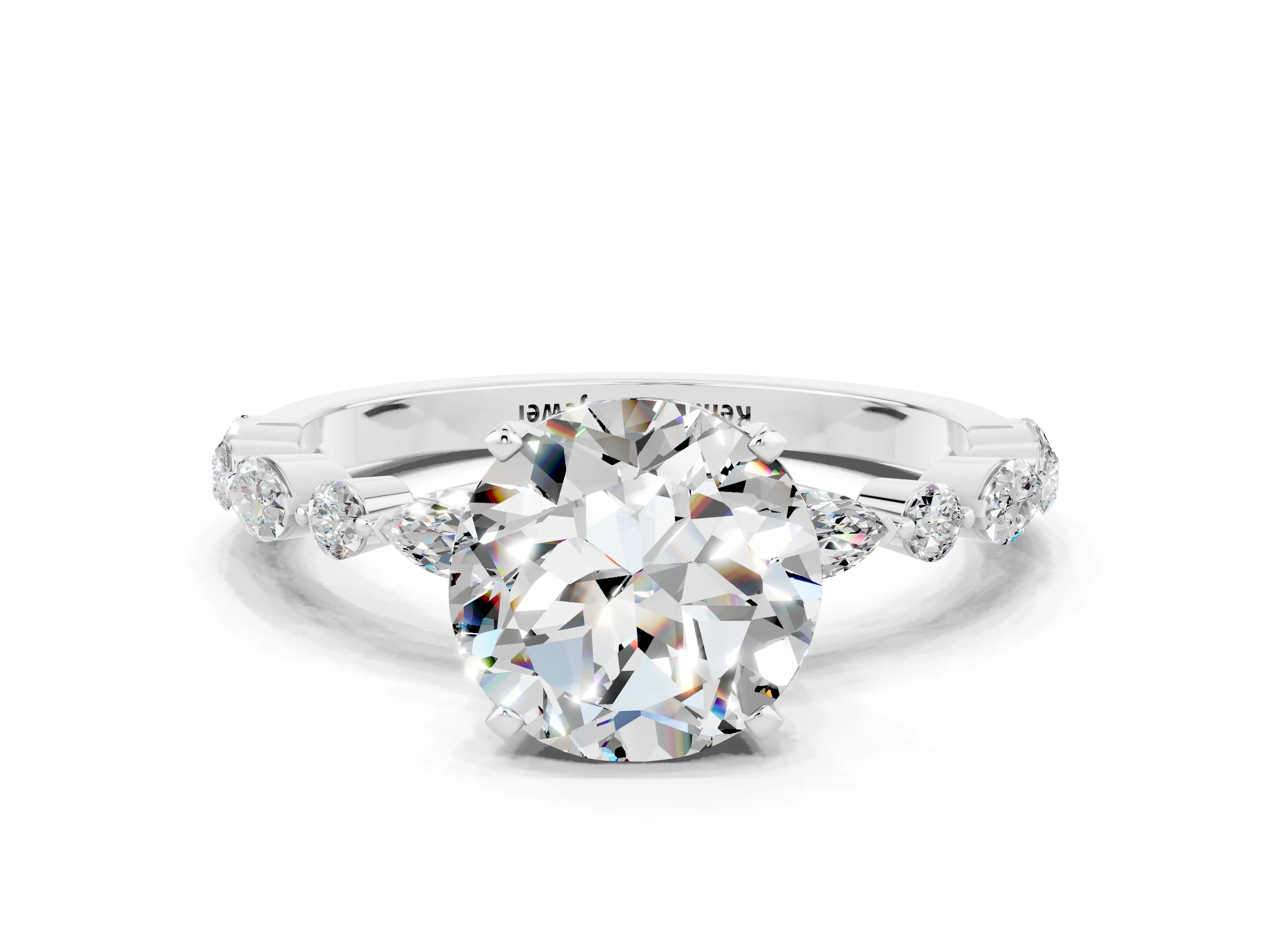 White gold Round Cut Moissanite Solitaire with Side Stones on a Pavé Band and Four-Prong Setting