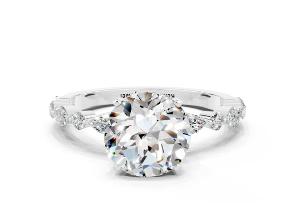 Silver Round Cut Moissanite Ring with Marquise and Round  Side Stones and Four-Prong Setting