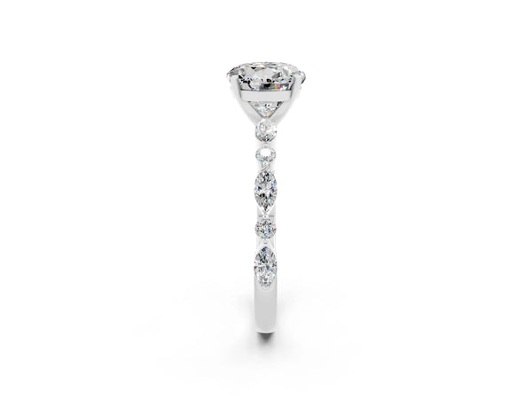 Platinum Round Cut Moissanite Ring with Marquise and Round  Side Stones and Four-Prong Setting