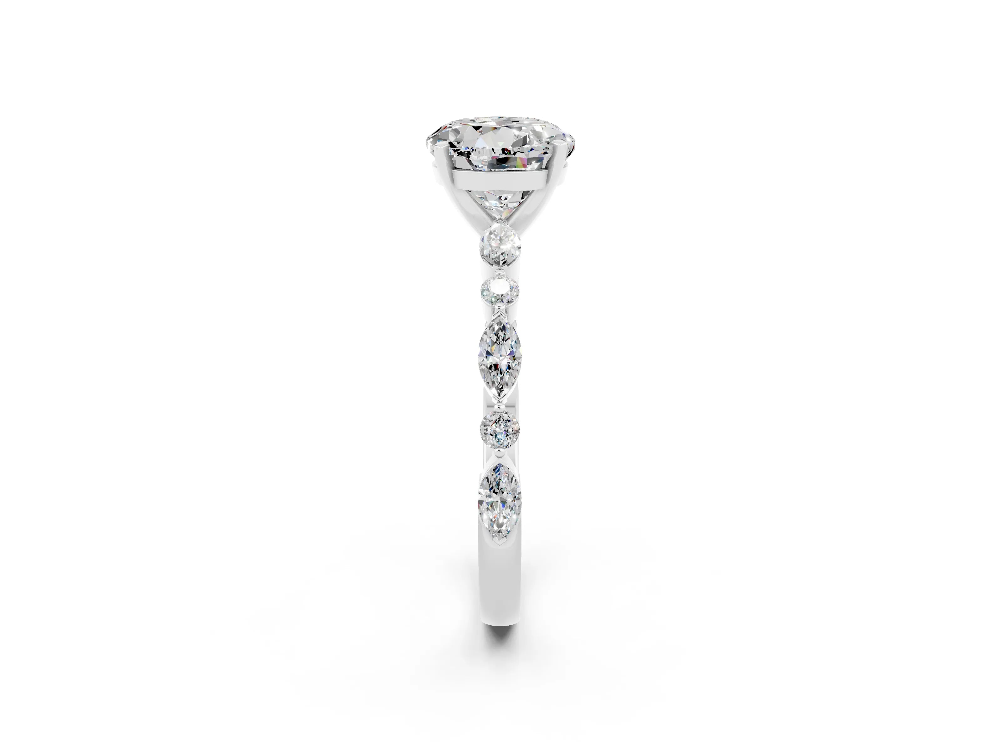 White gold Round Cut Moissanite Solitaire with Side Stones on a Pavé Band and Four-Prong Setting_2