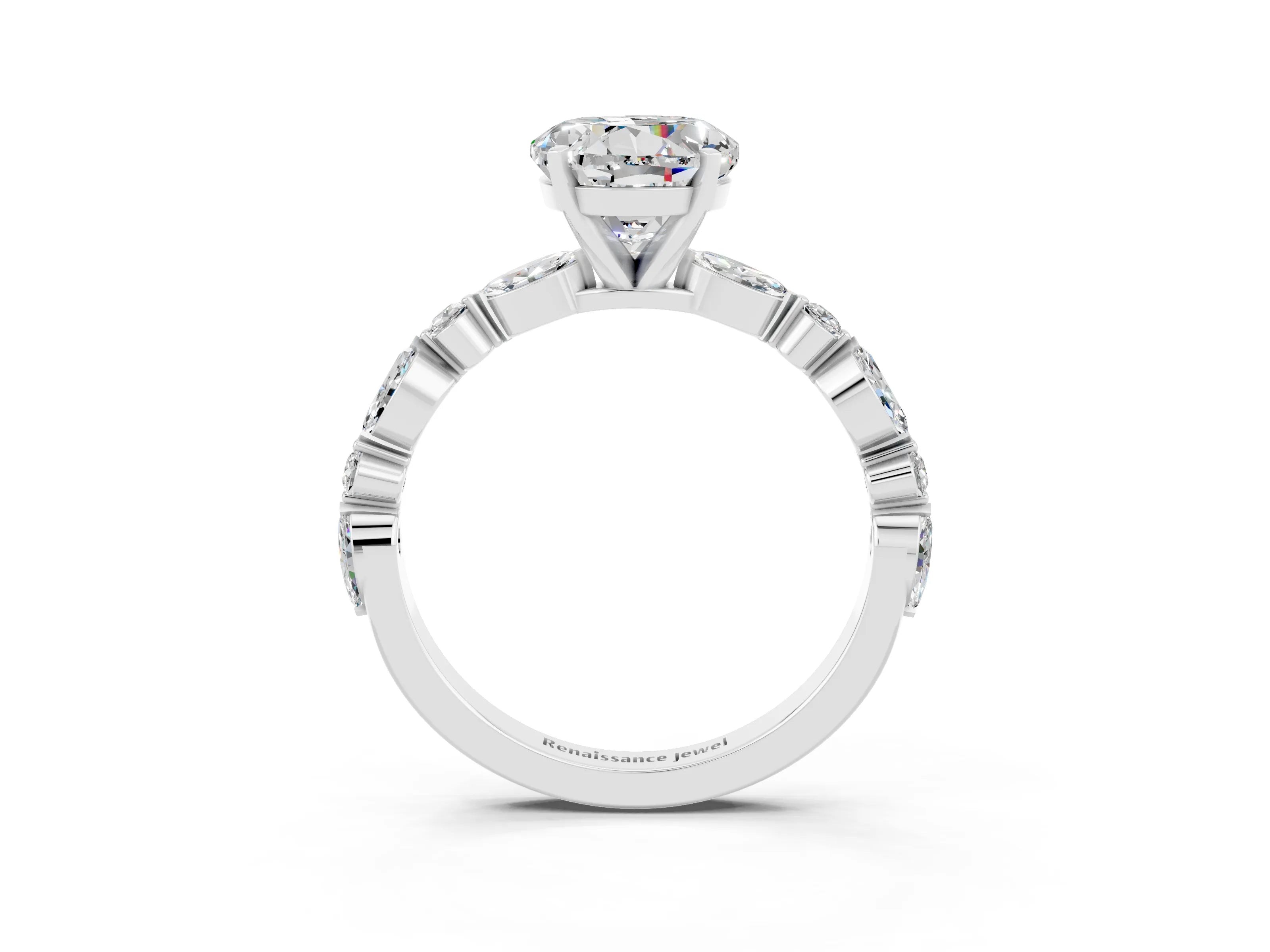 White gold Round Cut Moissanite Solitaire with Side Stones on a Pavé Band and Four-Prong Setting_3