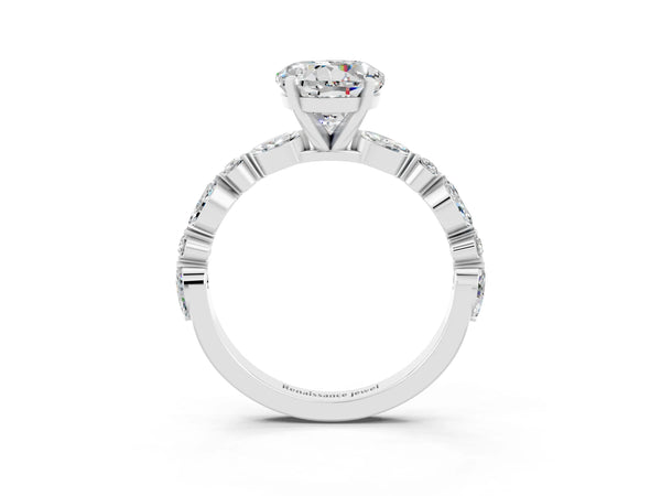 Silver Round Cut Moissanite Ring with Marquise and Round  Side Stones and Four-Prong Setting