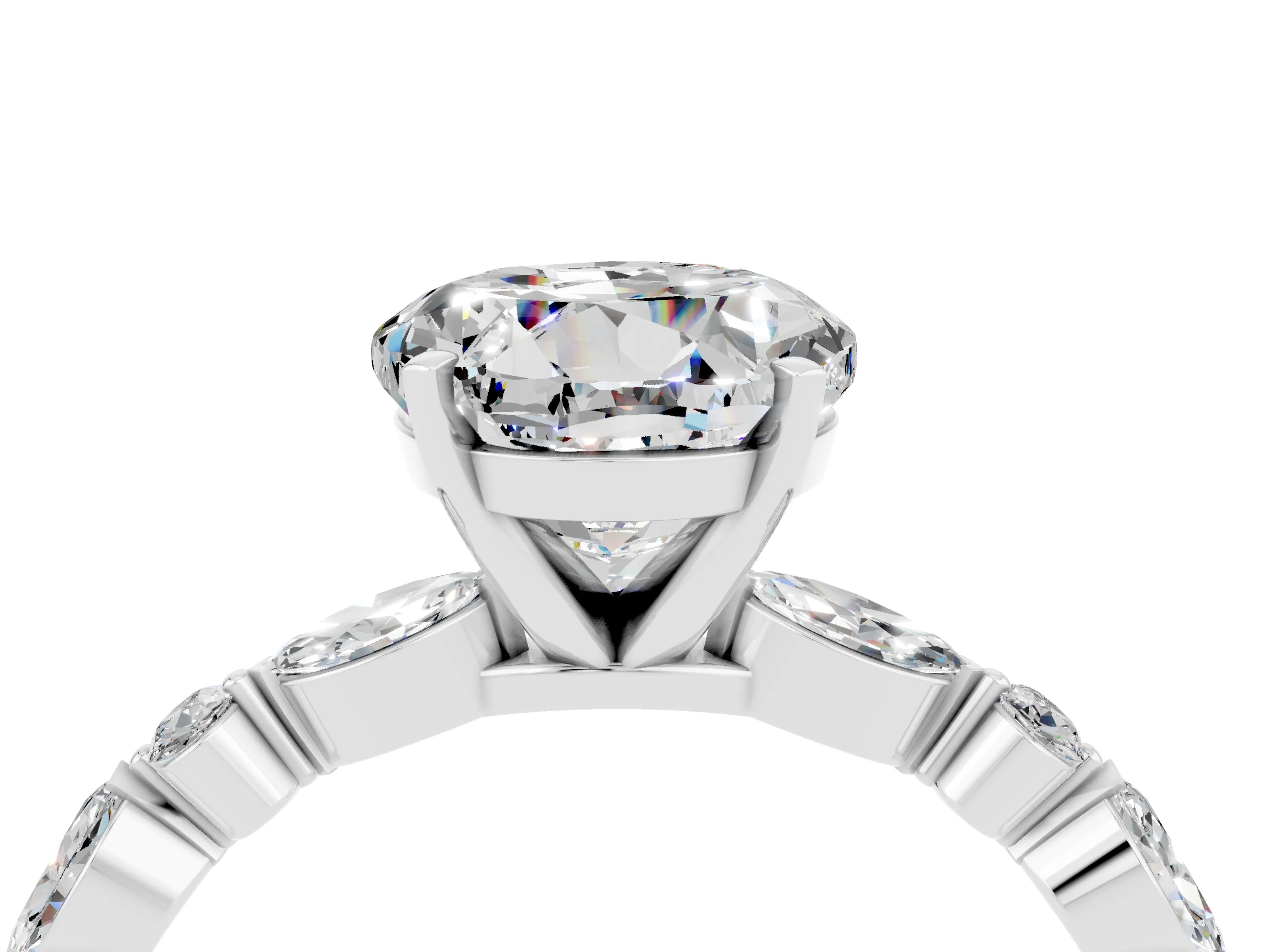 White gold Round Cut Moissanite Solitaire with Side Stones on a Pavé Band and Four-Prong Setting_4