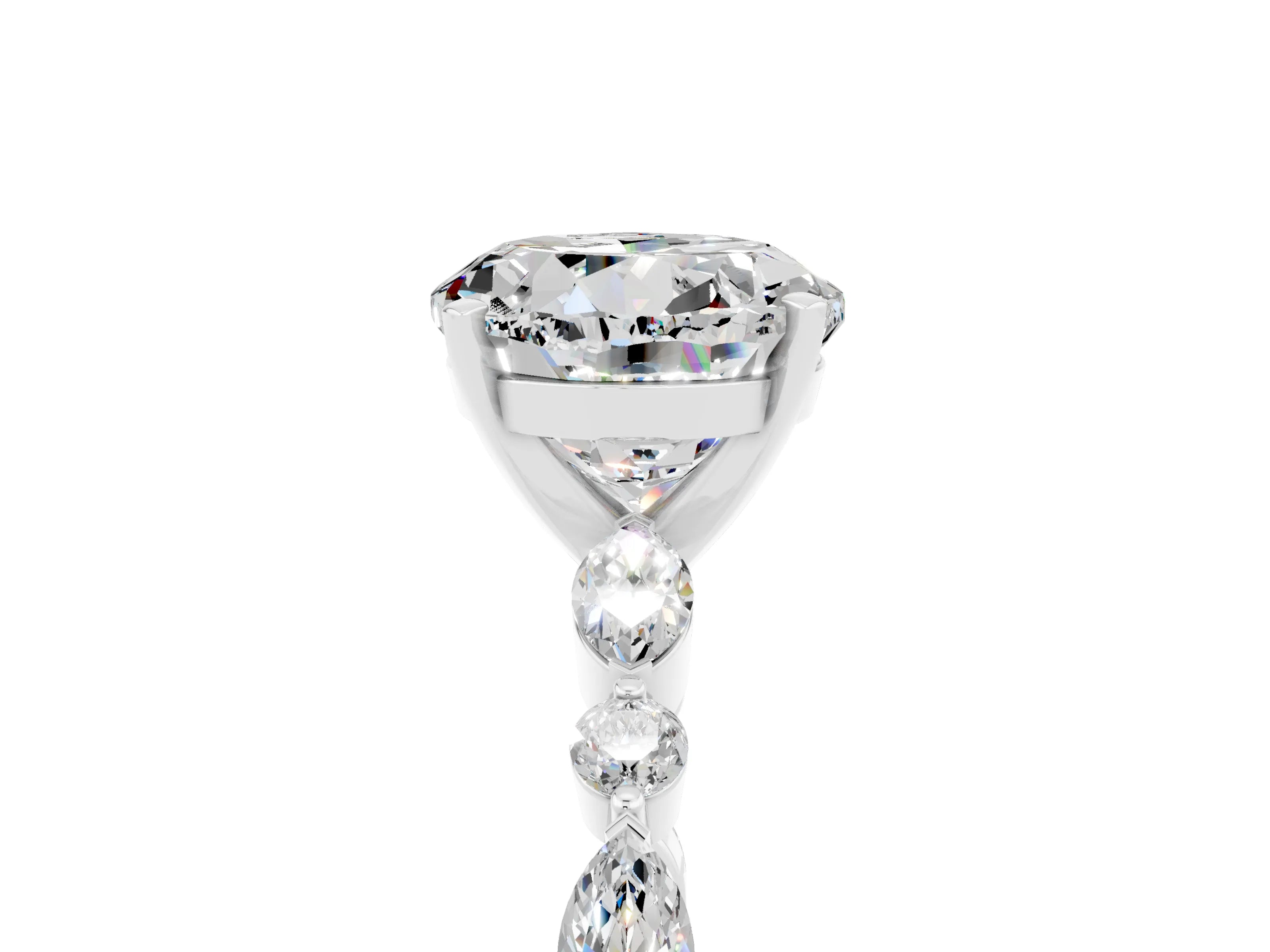 White gold Round Cut Moissanite Solitaire with Side Stones on a Pavé Band and Four-Prong Setting_5