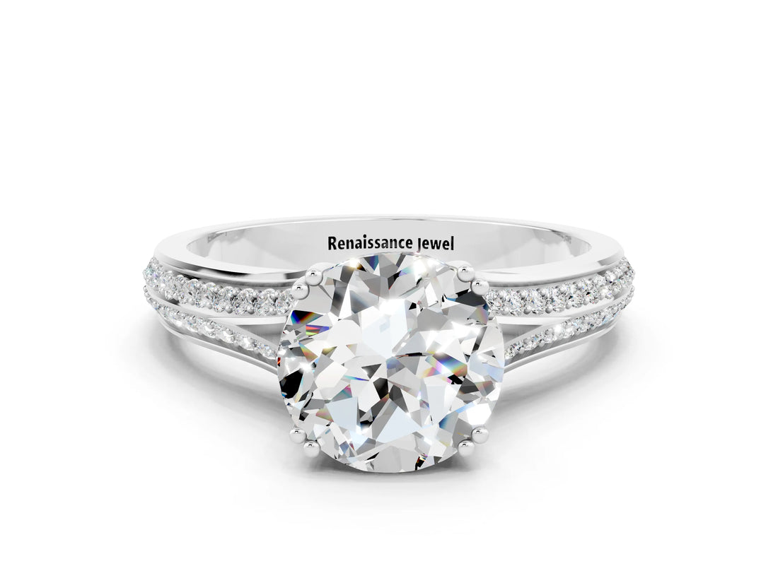 White gold Round Cut Moissanite Split Shank Engagement Ring with Pavé Band