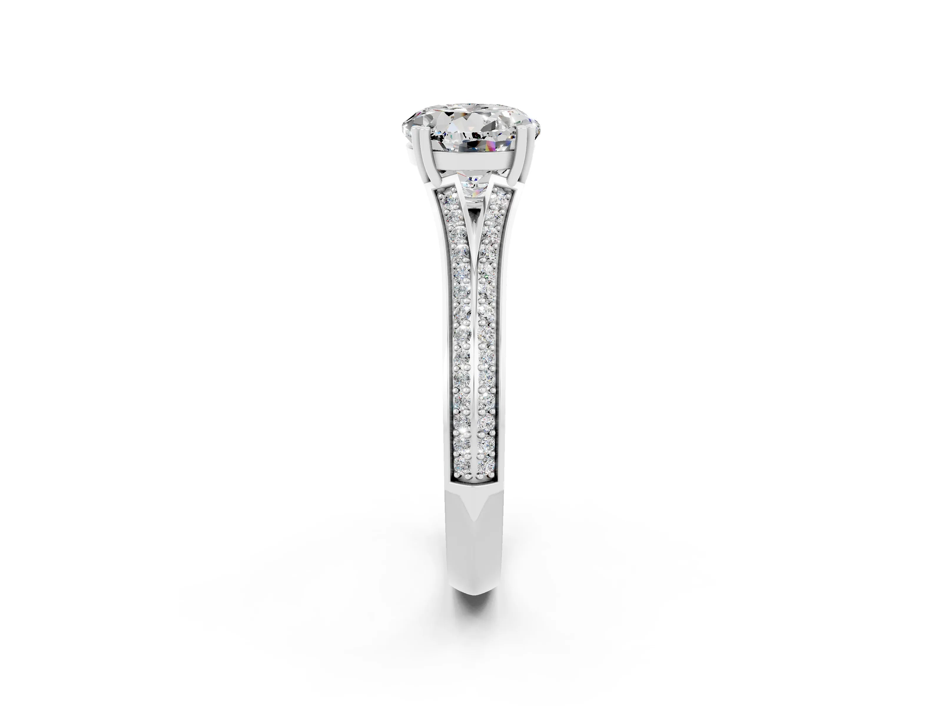 White gold Round Cut Moissanite Split Shank Engagement Ring with Pavé Band_2