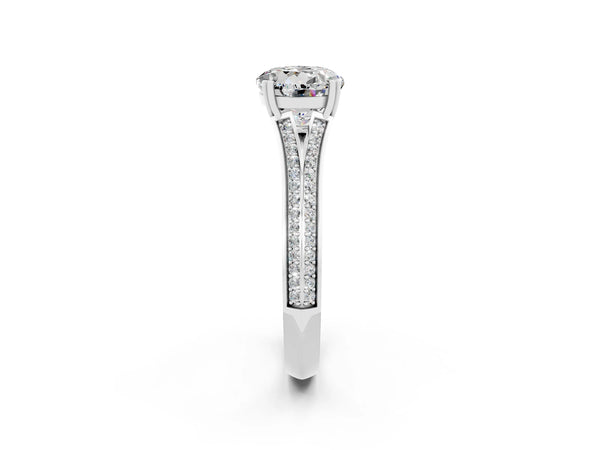 Silver Round Cut Moissanite Split Shank Engagement Ring with Pavé Band
