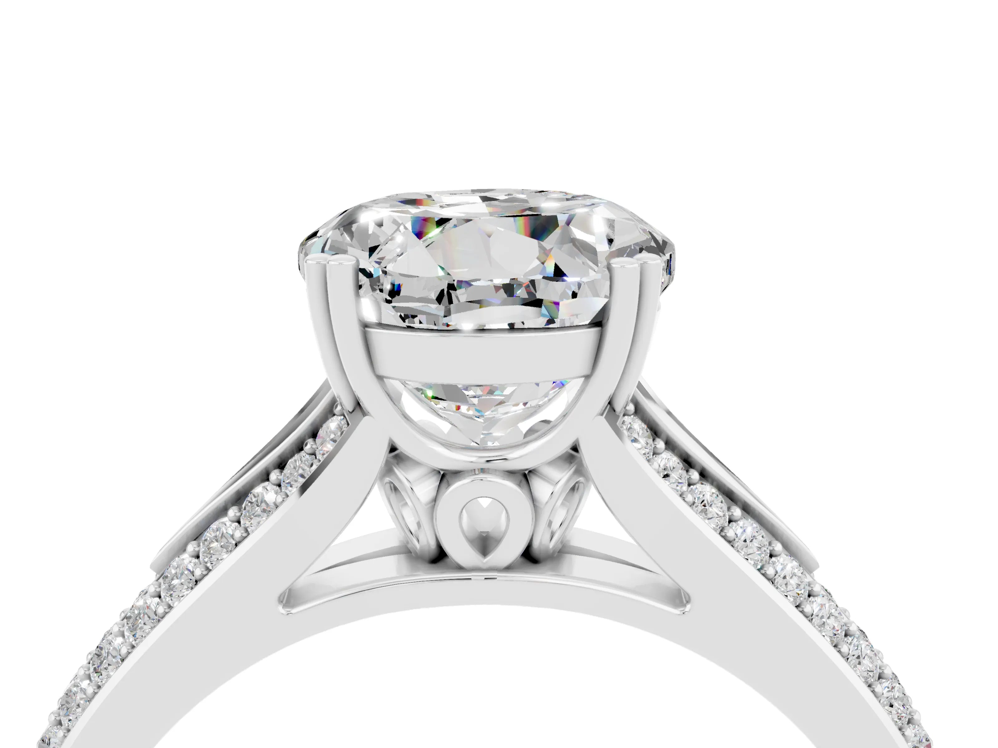 White gold Round Cut Moissanite Split Shank Engagement Ring with Pavé Band_4