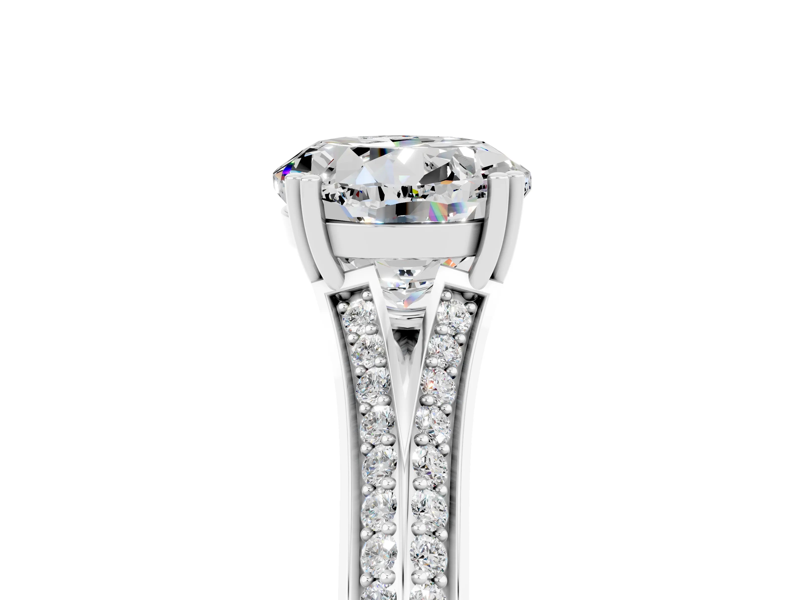 White gold Round Cut Moissanite Split Shank Engagement Ring with Pavé Band_5