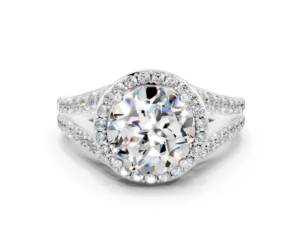 Silver Round Cut Moissanite Split Shank Halo Ring with Four-Prong Setting