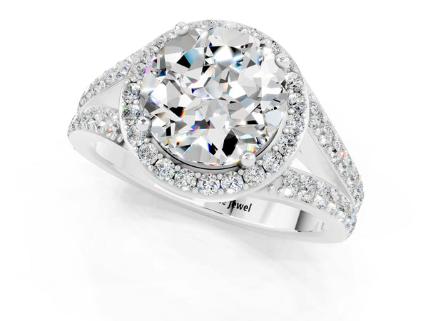 Silver Round Cut Moissanite Split Shank Halo Ring with Four-Prong Setting