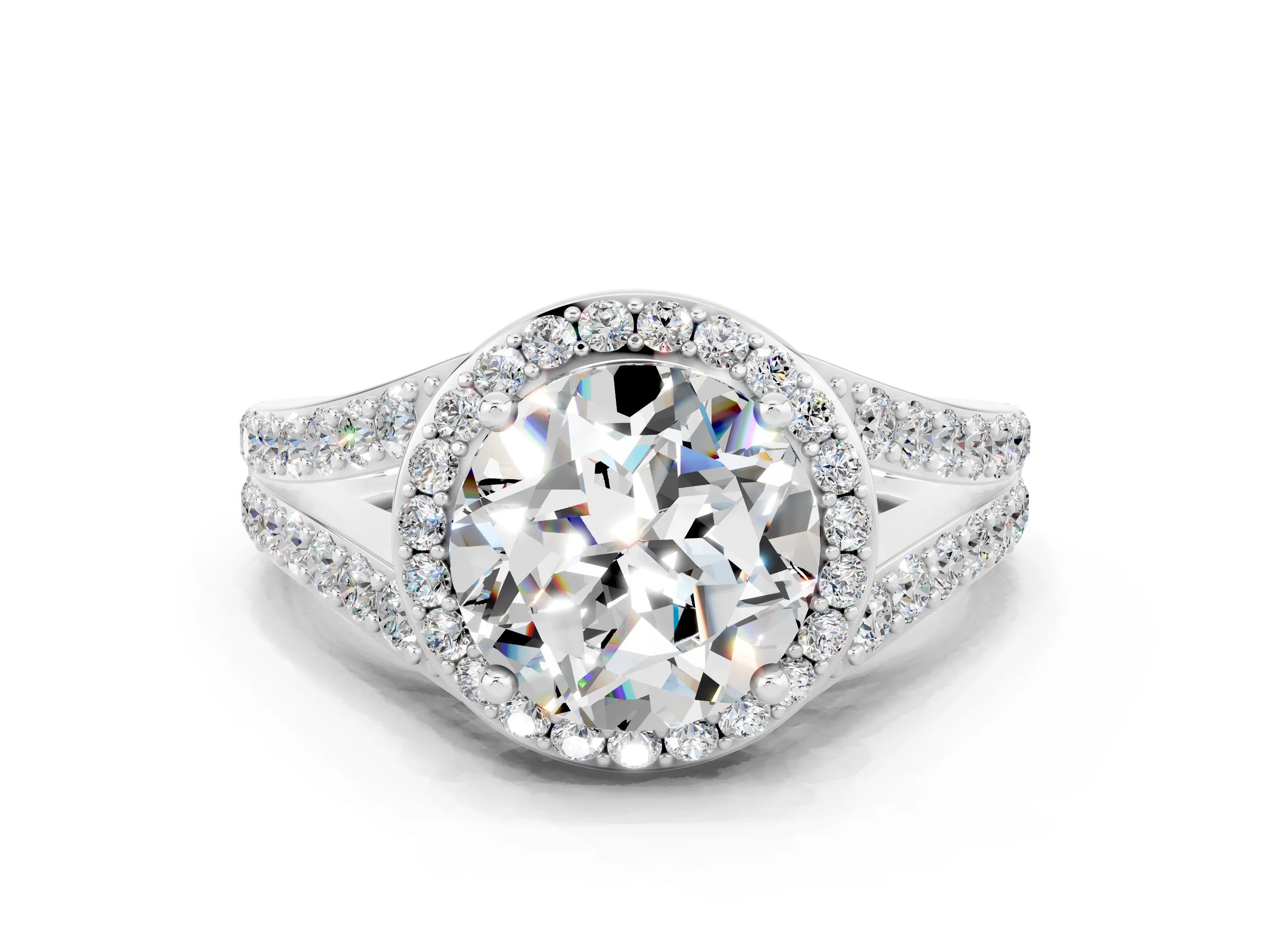 White gold Round Cut Moissanite Split Shank Halo Ring with Four-Prong Setting_60