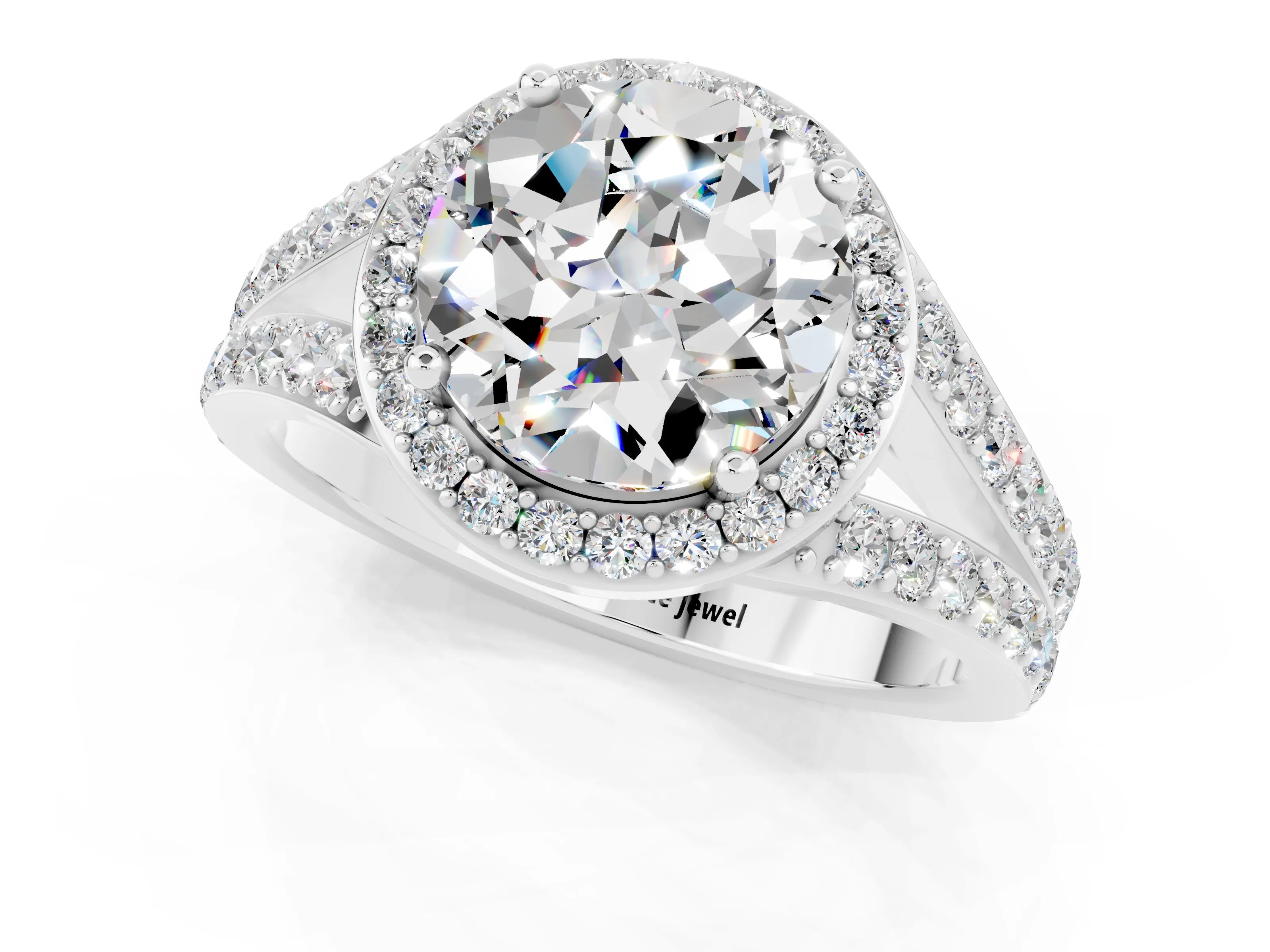 White gold Round Cut Moissanite Split Shank Halo Ring with Four-Prong Setting_61