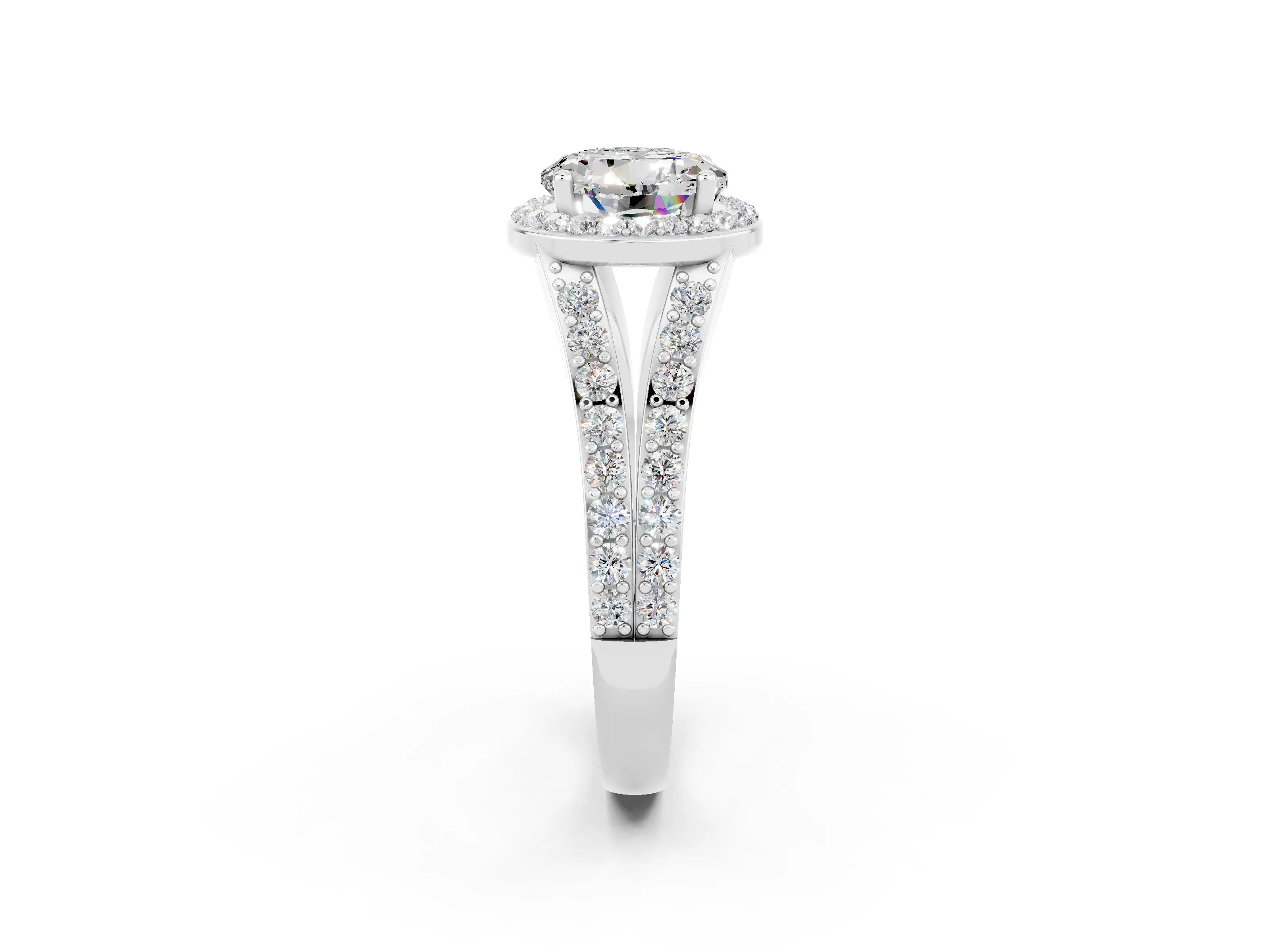 White gold Round Cut Moissanite Split Shank Halo Ring with Four-Prong Setting_62
