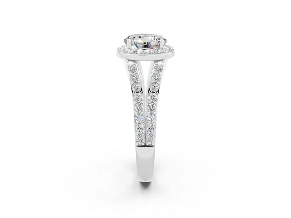 White gold Round Cut Moissanite Split Shank Halo Ring with Four-Prong Setting