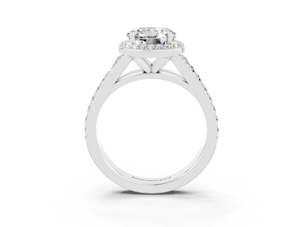 Platinum Round Cut Moissanite Split Shank Halo Ring with Four-Prong Setting