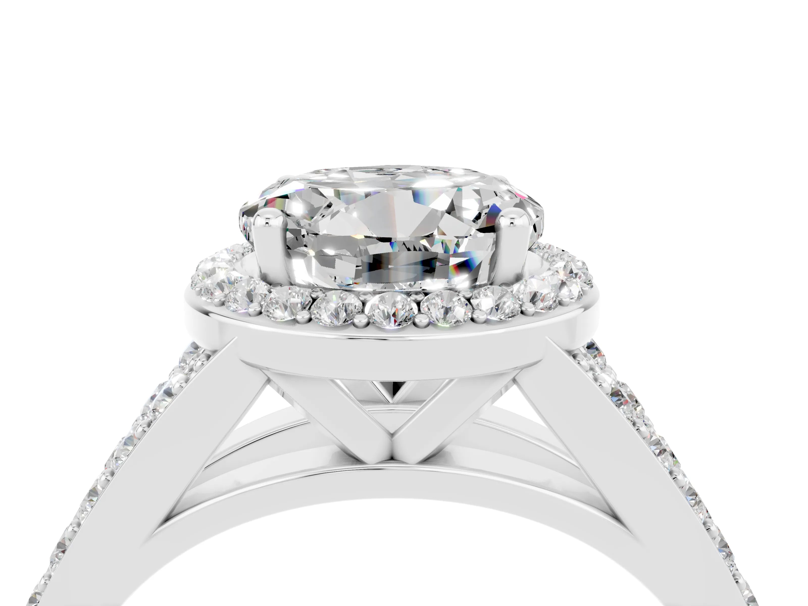 White gold Round Cut Moissanite Split Shank Halo Ring with Four-Prong Setting_64