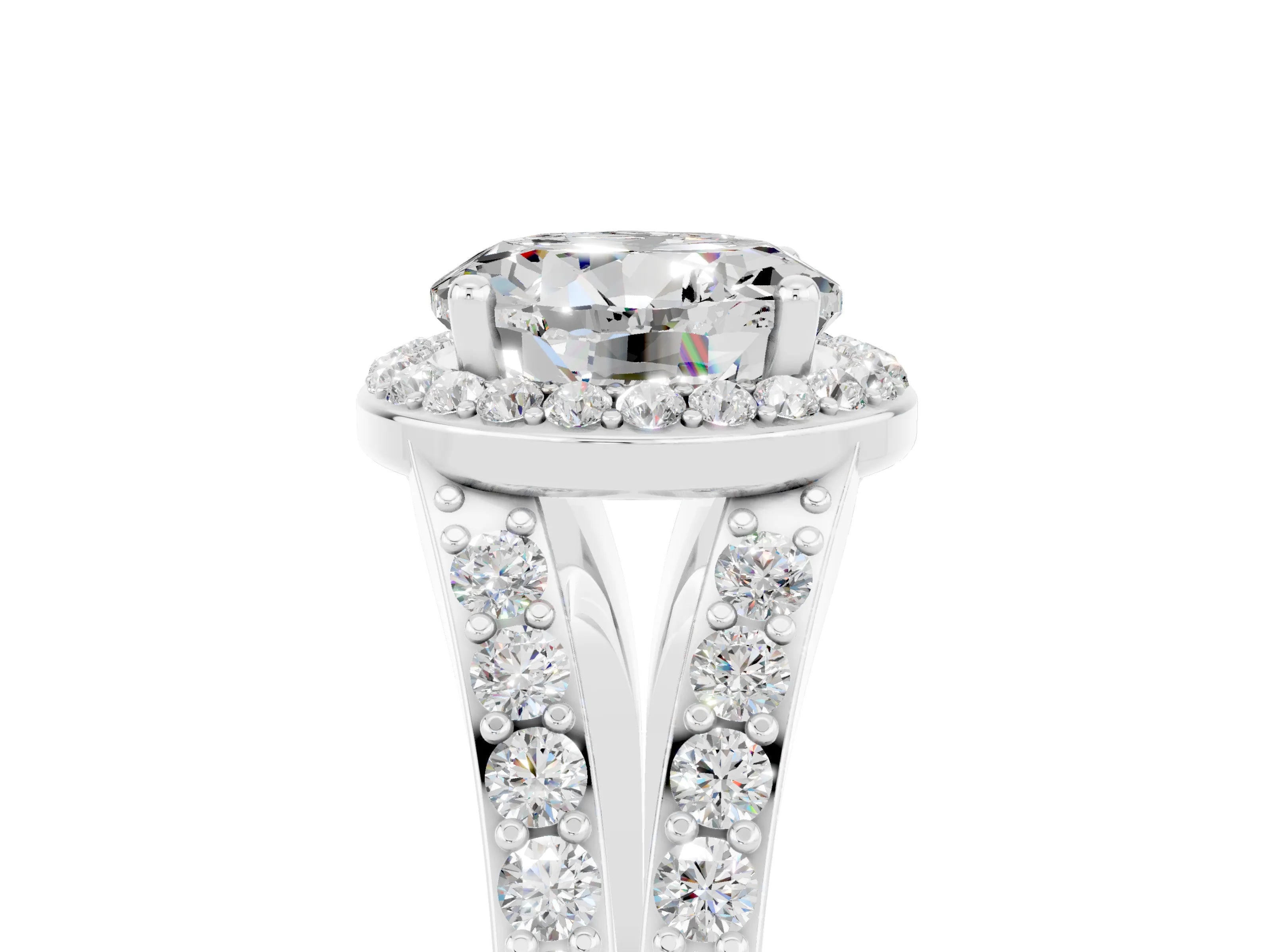 White gold Round Cut Moissanite Split Shank Halo Ring with Four-Prong Setting_65