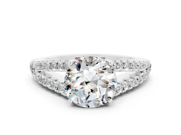 Silver Round Cut Moissanite Split Shank Pavé Engagement Ring with Four-Prong Setting
