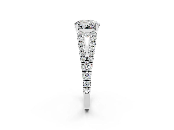 Platinum Round Cut Moissanite Split Shank Pavé Engagement Ring with Four-Prong Setting