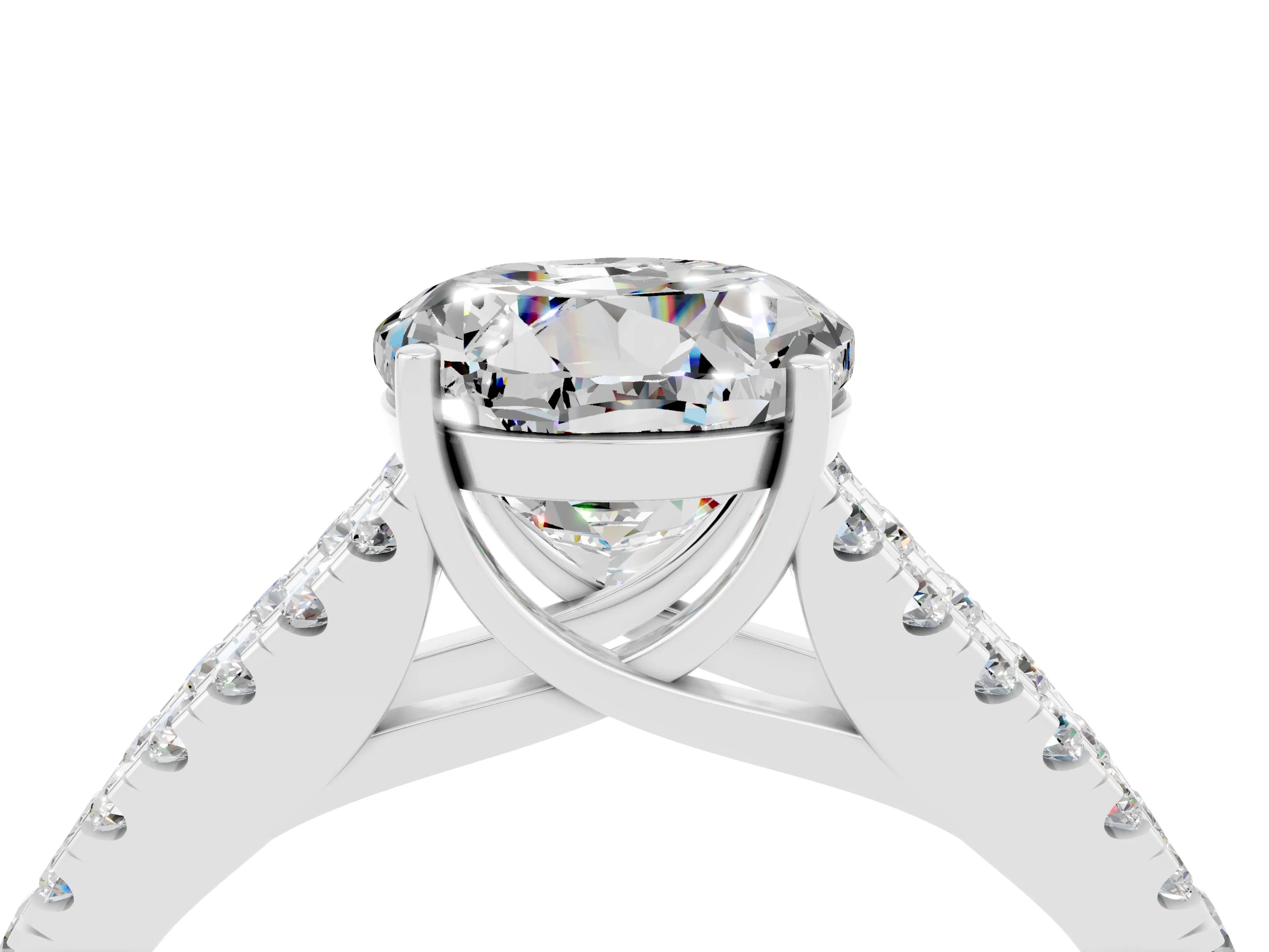White gold Round Cut Moissanite Split Shank Pavé Engagement Ring with Four-Prong Setting_16