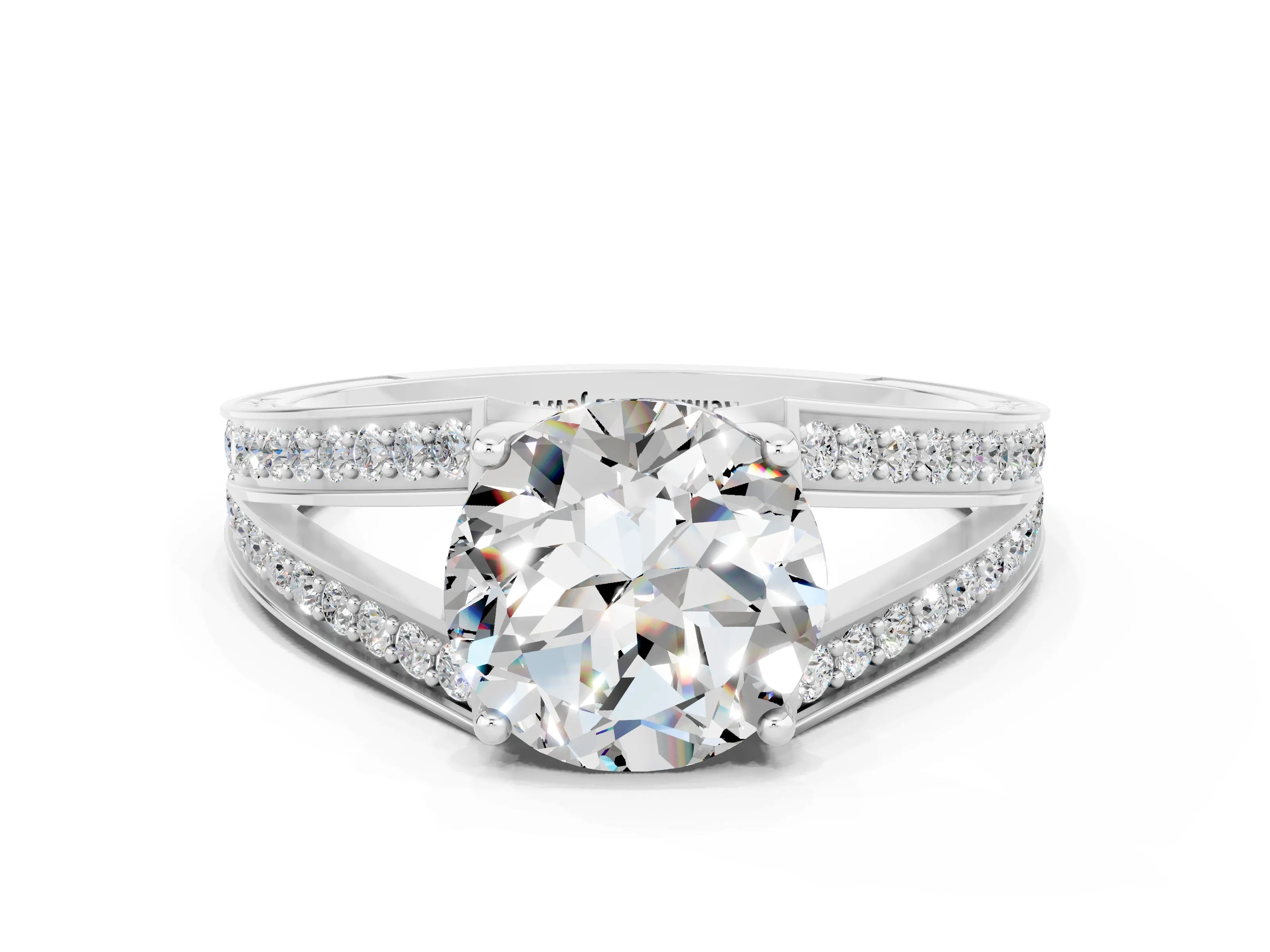 White gold Round Cut Moissanite Split Shank Ring with Pavé Band and Four-Prong Setting
