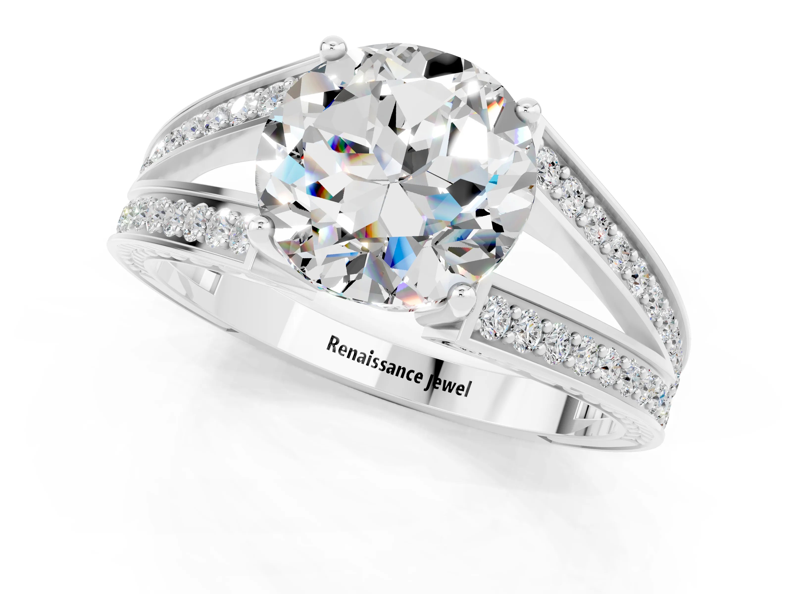 White gold Round Cut Moissanite Split Shank Ring with Pavé Band and Four-Prong Setting_1
