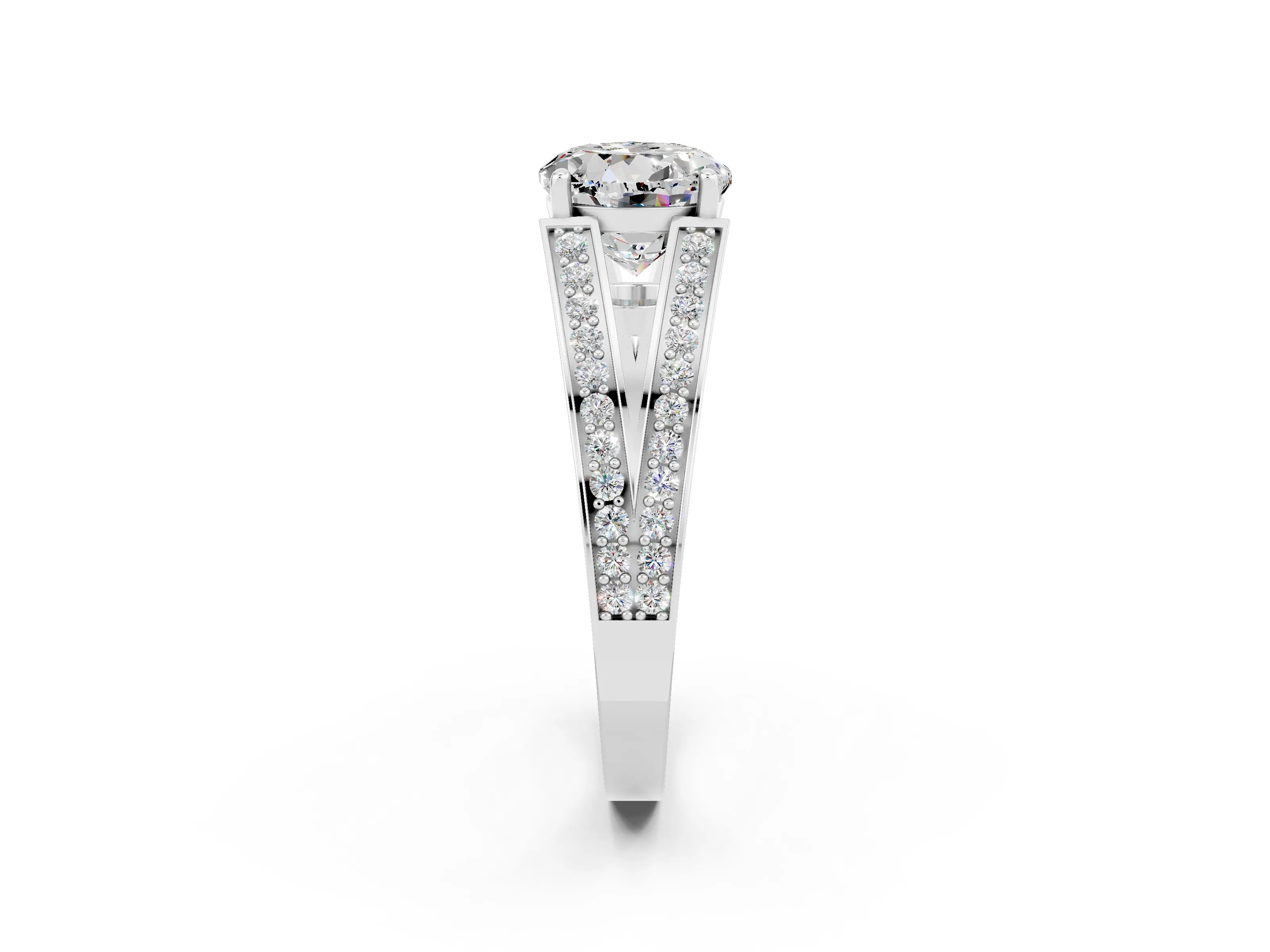 White gold Round Cut Moissanite Split Shank Ring with Pavé Band and Four-Prong Setting_2