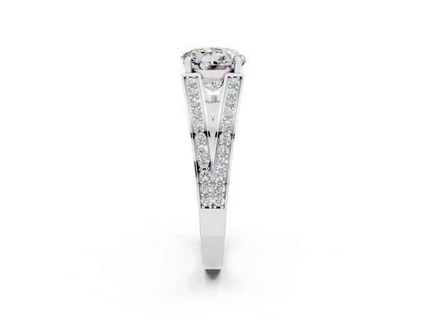 White gold Round Cut Moissanite Split Shank Ring with Pavé Band and Four-Prong Setting