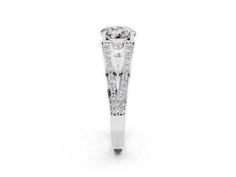 White gold Round Cut Moissanite Split Shank Ring with Pavé Band and Four-Prong Setting_2