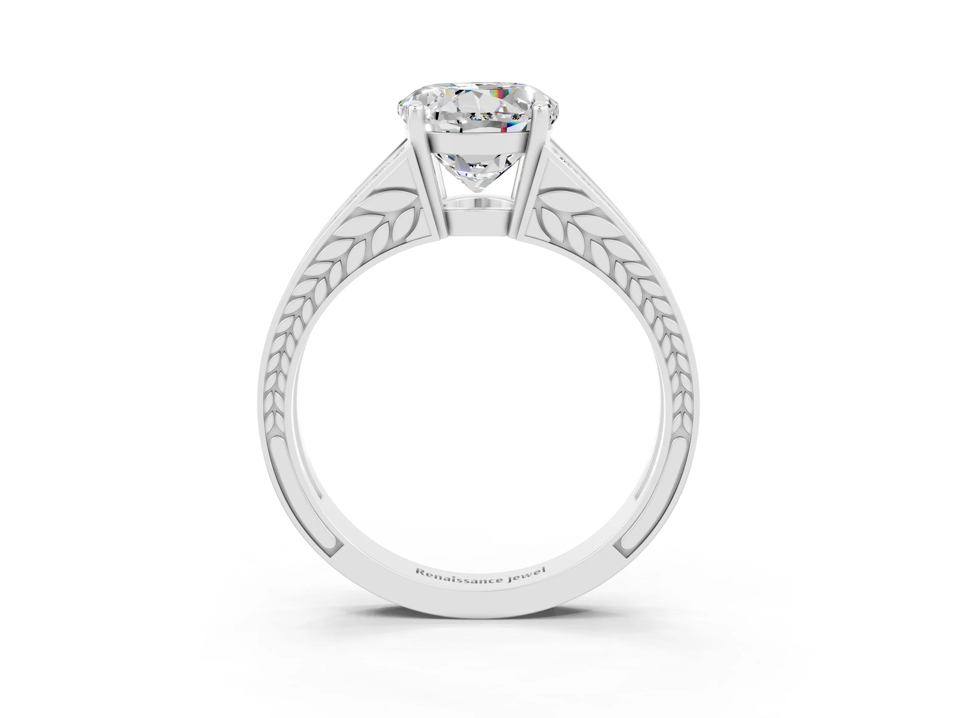 White gold Round Cut Moissanite Split Shank Ring with Pavé Band and Four-Prong Setting_3