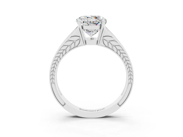 Silver Round Cut Moissanite Split Shank Ring with Pavé Band and Four-Prong Setting