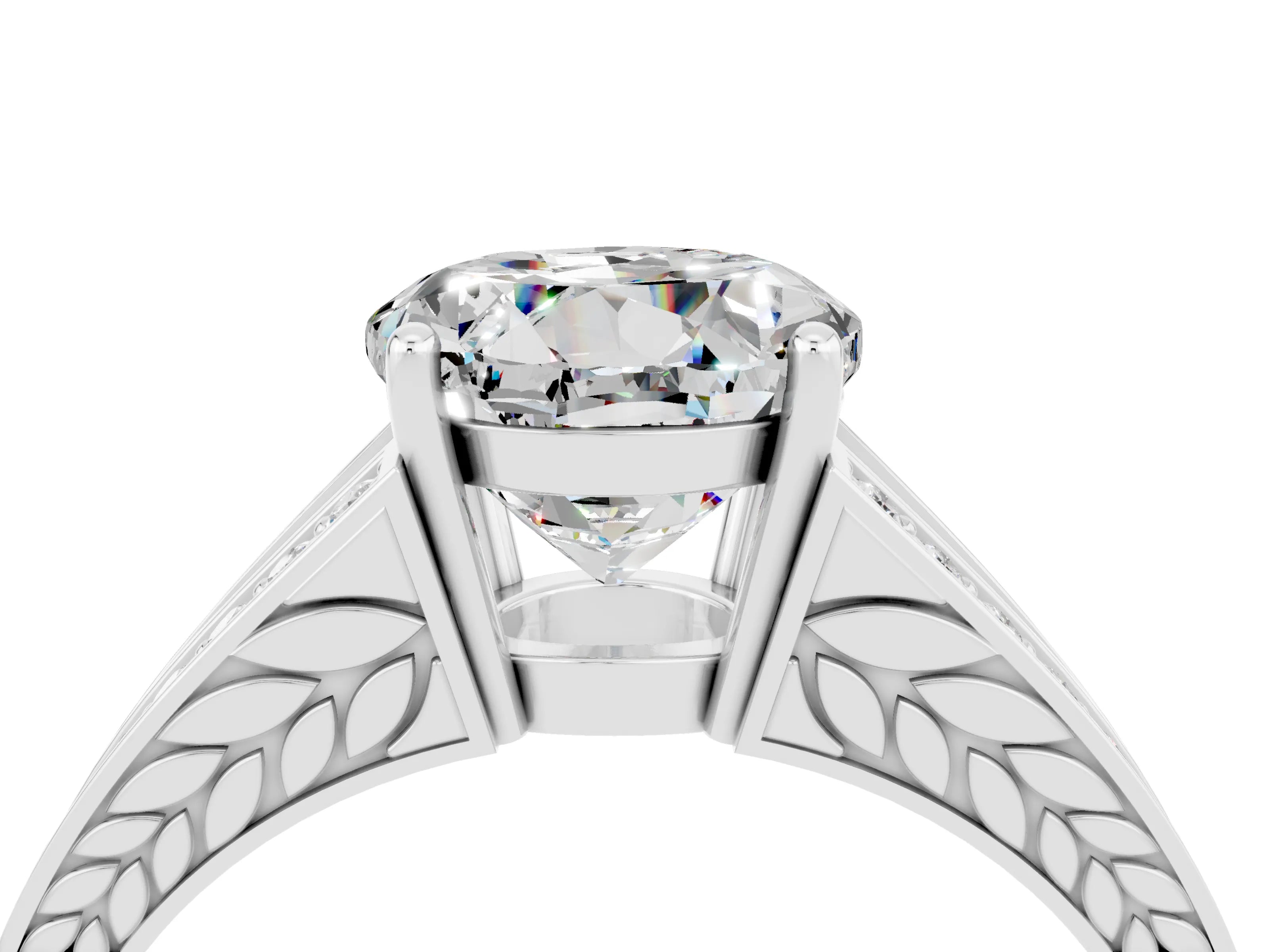 White gold Round Cut Moissanite Split Shank Ring with Pavé Band and Four-Prong Setting_4