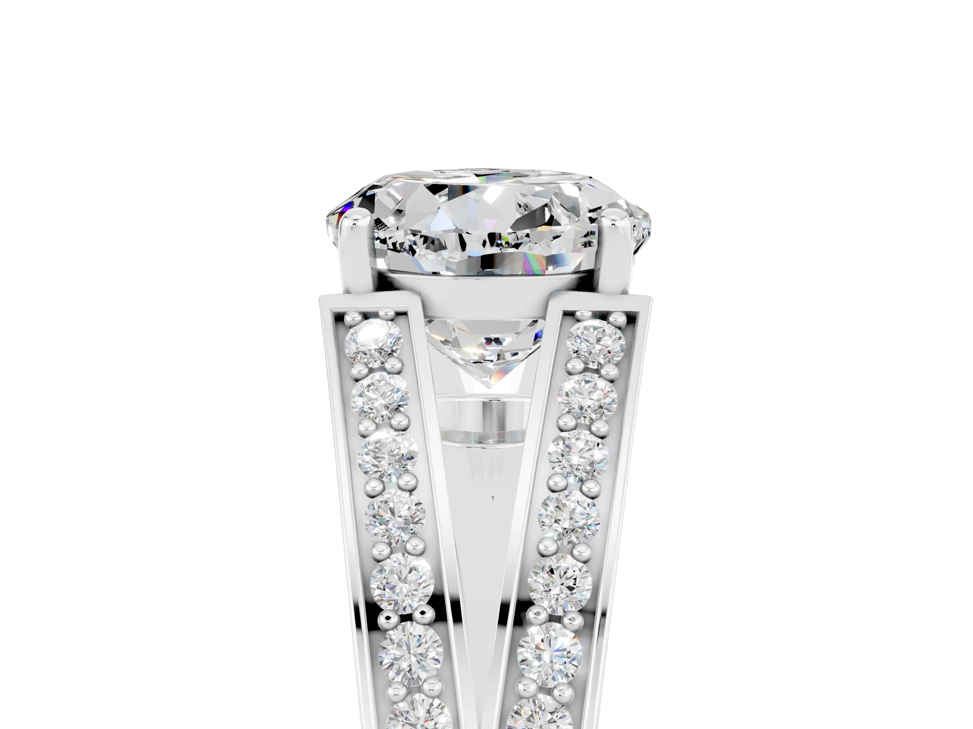 White gold Round Cut Moissanite Split Shank Ring with Pavé Band and Four-Prong Setting_5