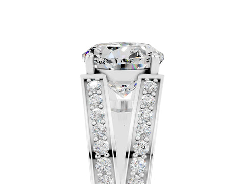 White gold Round Cut Moissanite Split Shank Ring with Pavé Band and Four-Prong Setting_5