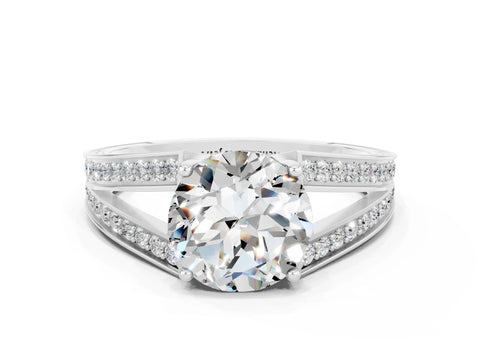 White gold Round Cut Moissanite Split Shank Ring with Pavé Band and Four-Prong Setting